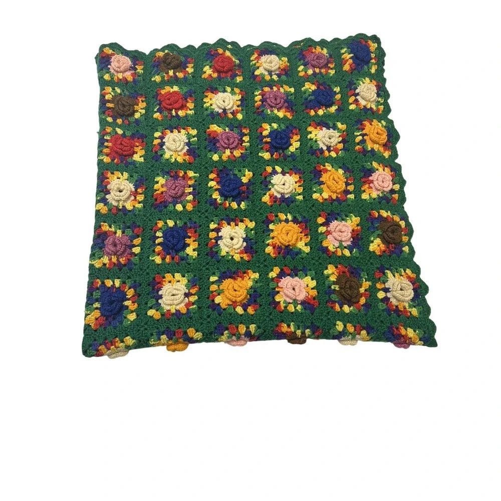Handmade Granny Square Throw Floral 3D Knit Green Colorful Sofa Blanket Afgan